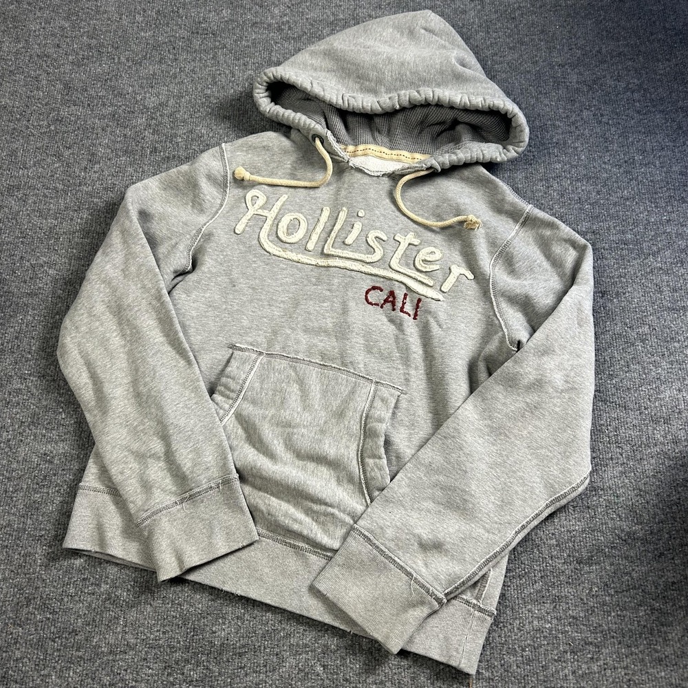 Hollister Hoodie Mens Medium Gray Cali Embroidered Pullover Fleece Sweatshirt